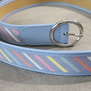 Talbots Blue Striped Cotton Belt Leather Trim Womens Size Large